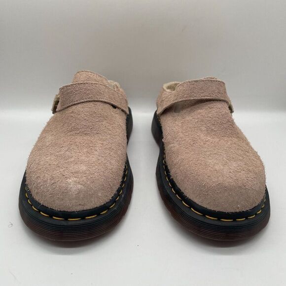 Dr. Martens Isham Mens 12 Beige Taupe Suede Slingback Buckle Mule Clog Shearling - Picture 5 of 9
